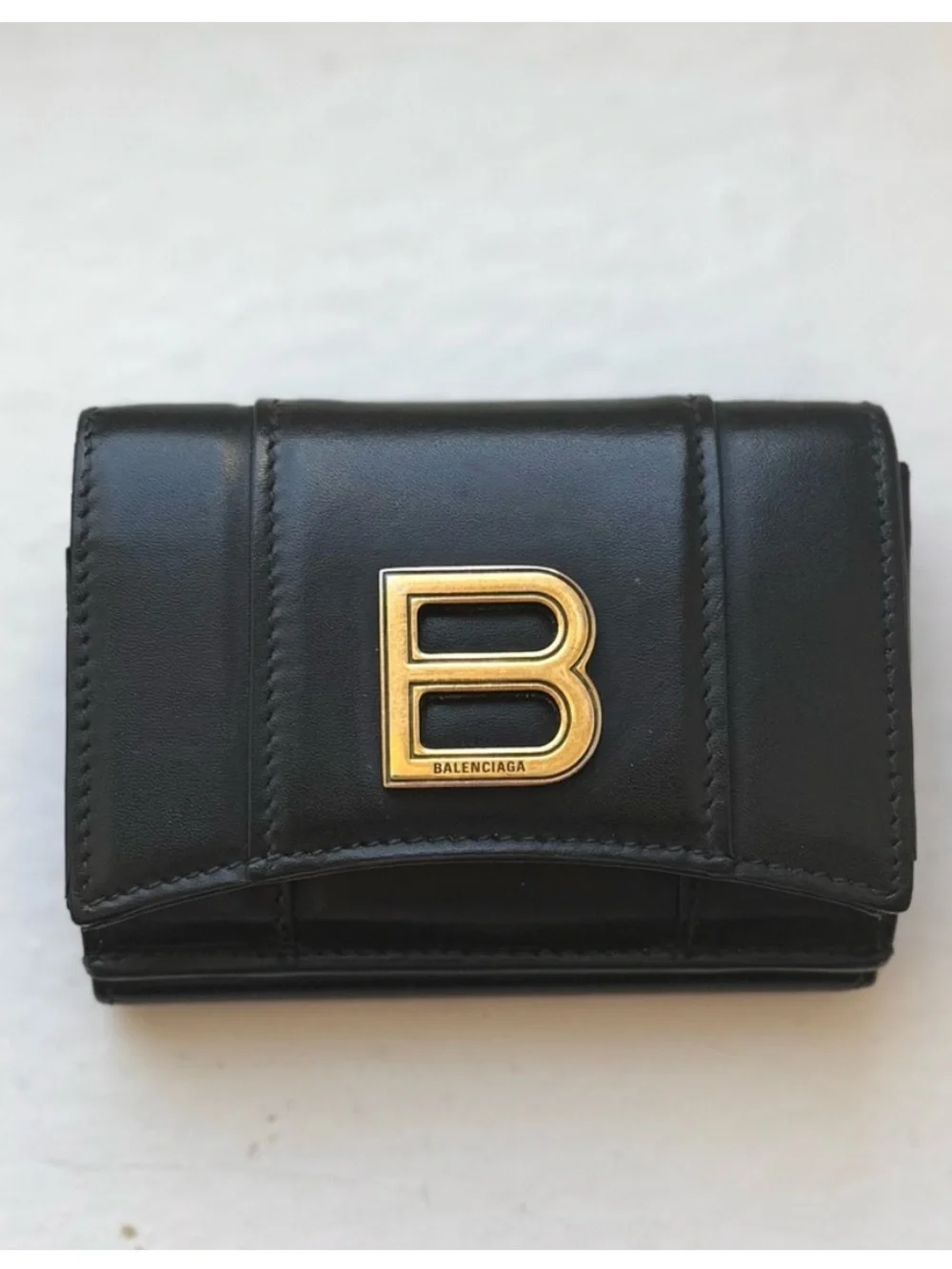 BALENCIAGA Hourglass Mini Wallet in Black Shiny Box Calfskin Leather w/ COA